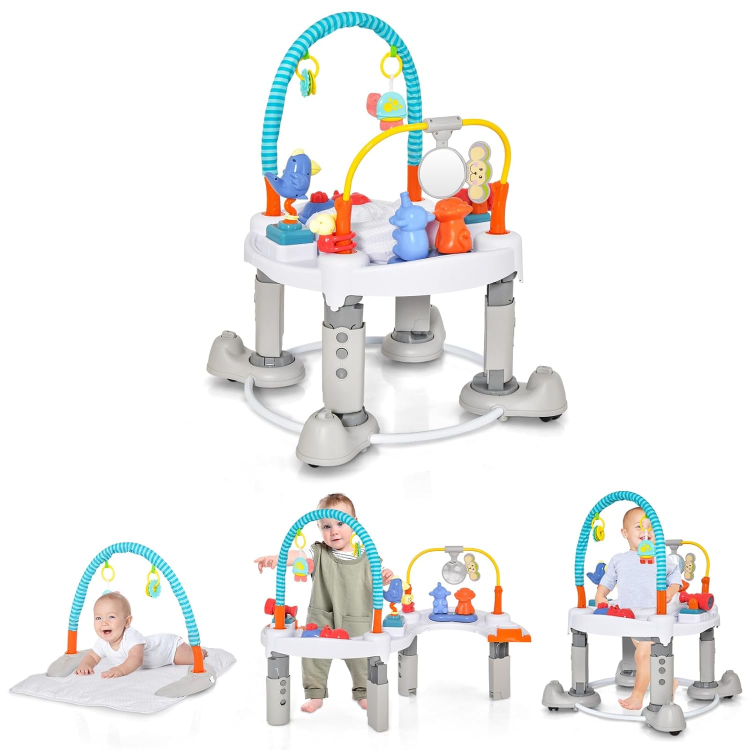 INFANS Baby Bouncer Activity Center, 5 in 1 Toddler Bouncing Activity Saucer Playtime Mat Activity Table with 360 Rotating Seat, 3 Adjustable Height, Foldable Exersaucer Learning Walker (Light Grey)