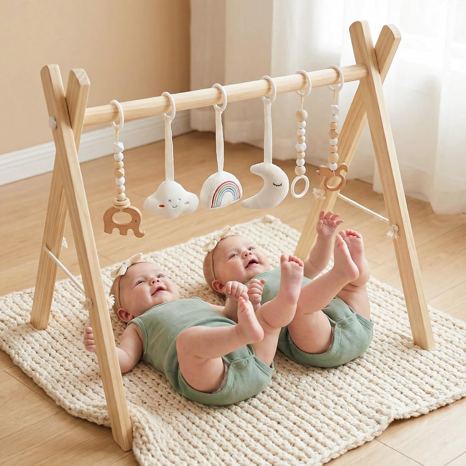 Mallify Wooden Baby Gym with 6 Gym Toys, Foldable Baby Play Gym, Natural Pine Wood Play Gym