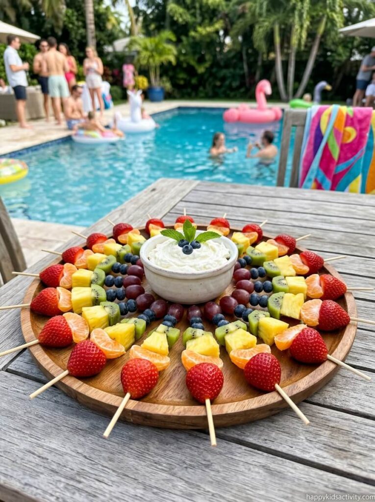 Rainbow Fruit Skewers with Cheesecake Dip